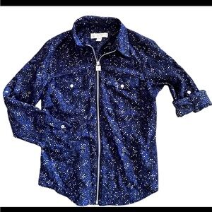 Michael Kors Blue White Star Zip Up Lightweight Zip Up Shirt